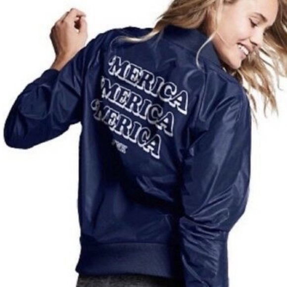 PINK Victoria's Secret Jackets & Blazers - VS Pink ‘Merica Navy Blue Satin Bomber Jacket M